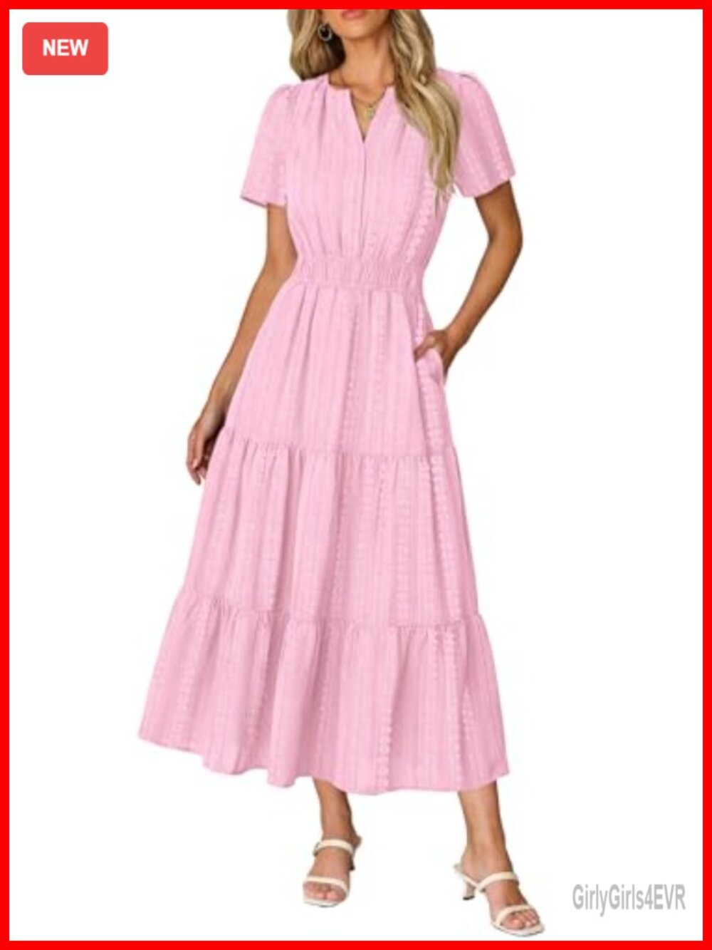 Textured Jacquard Midi Maxi Dress with Pockets V-Neck Short Sleeve